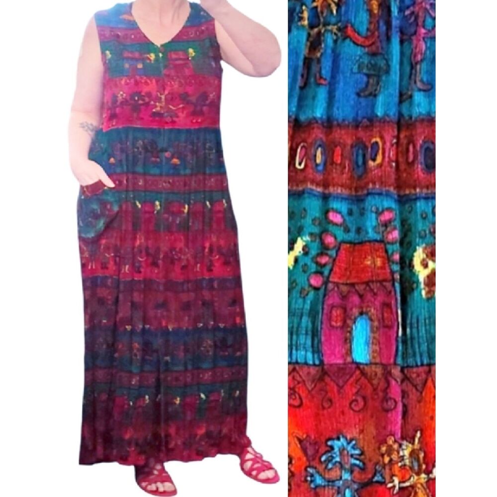 VTG 90s Bila Ethnic Folk Print Button Down Maxi Dress Medium Red Green Blue